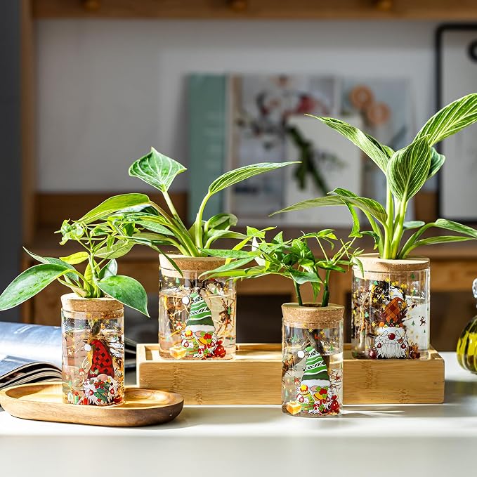 Christmas Vase, Christmas Themed Propagation Stations, Glass Propagation Vases for Plants, Cuttings, Desktop Planter Vase for Home & Office Decor, Set of 6 (3 Large & 3 Small)