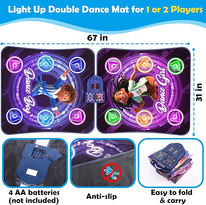 2-Player Electronic LED Light Dance Mat, Music Dance Toy with 5 Modes, Develops Hand-Eye Coordination, Challenge Game for Single or Double Players, Christmas Dance Mat Toy for Boys & Girls Ages 3-12