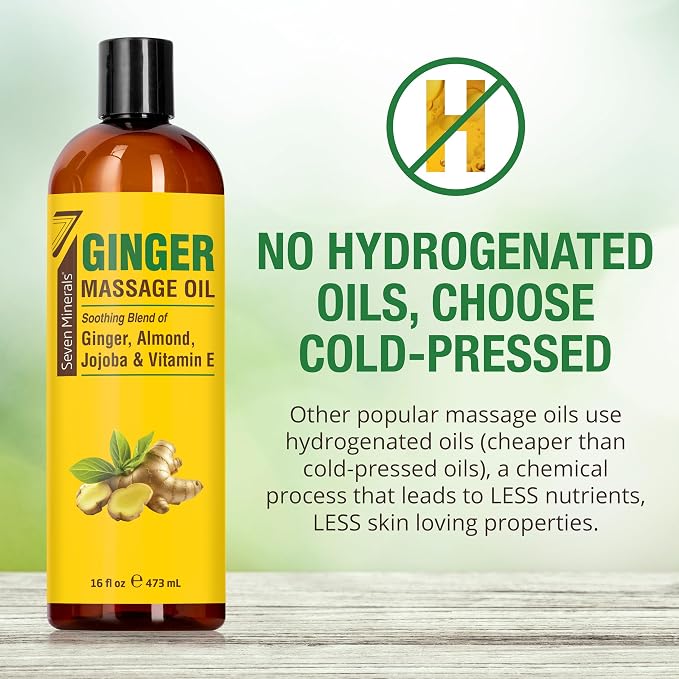 Seven Minerals Ginger Massage Oil for Lymphatic Drainage Massage Therapy - Big 16 oz - Warming and Ultra Relaxing - Therapeutic Grade Essential Oils Soothes Tired Muscles & Relaxes Mind and Body