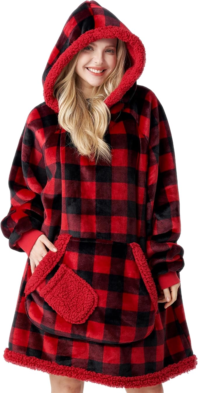 Giggling Getup Wearable Blanket Hoodie for Adults Gifts for Teen Girls Sister Women Sherpa Fleece Printed Hooded Blanket Sweatshirt Warm Cozy with Pocket & Sleeves Red and Black Plaid