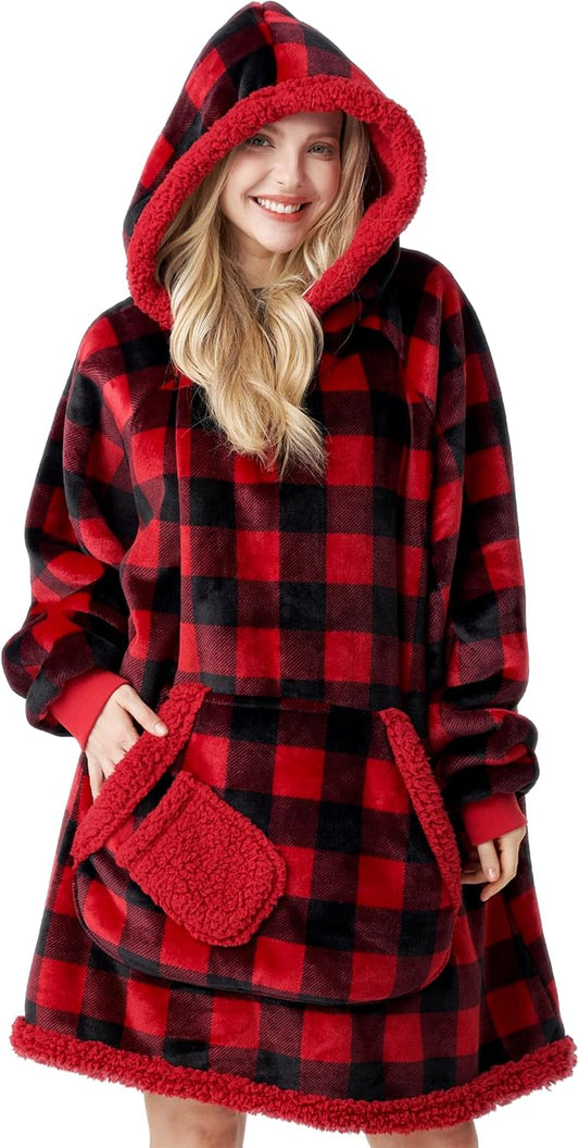 Giggling Getup Wearable Blanket Hoodie for Adults Gifts for Teen Girls Sister Women Sherpa Fleece Printed Hooded Blanket Sweatshirt Warm Cozy with Pocket & Sleeves Red and Black Plaid
