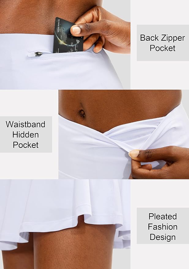 Pleated Tennis Skirt with 4 Pockets | 14", 3.5" High Waisted, Soft, Lightweight, Mesh Built-in Shorts, Dressy, Casual, Athletic, Golf, Skort for Women