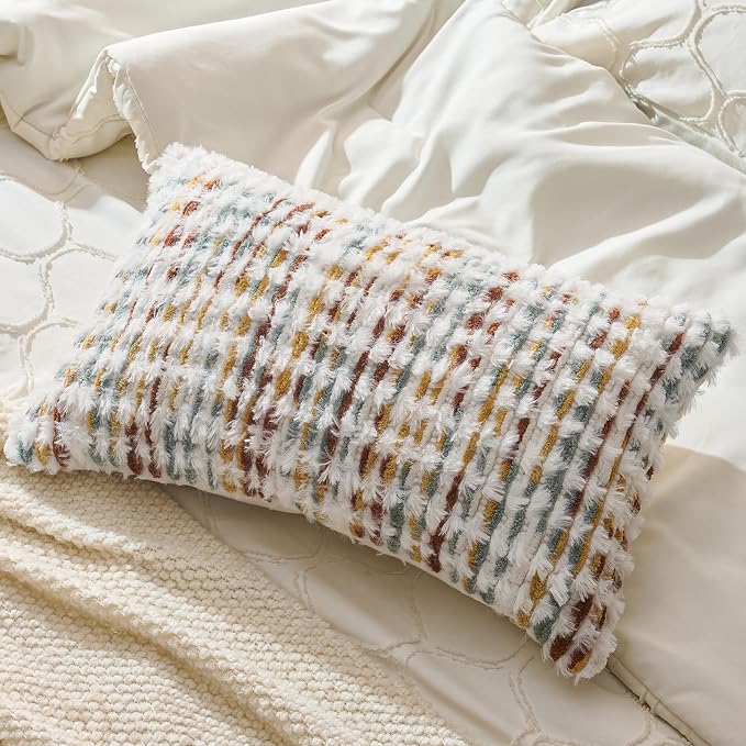 Set of 2 Boho Chenille Pillow Cover Decorative Tufted Pillowcase for Couch Bed Sofa Bedroom Living Room Modern 12 x 20-Inch Brown White
