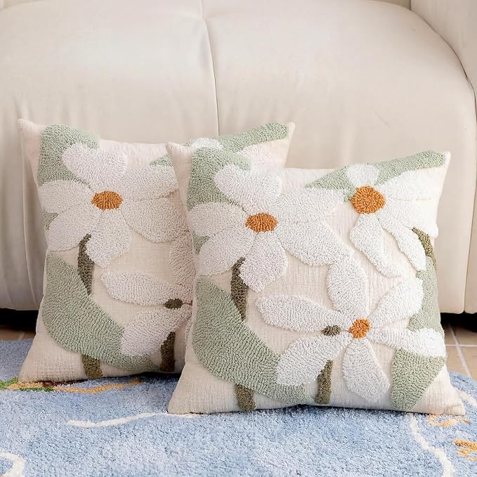 Summer Daisy Throw Pillow Covers 18x18 Inch Set of 2, Chenille Embroidered Pillowcase with 3D Tufted White Flowers Sage Green Leaves, Boho Decorative Cushion Covers for Couch Sofa Bed