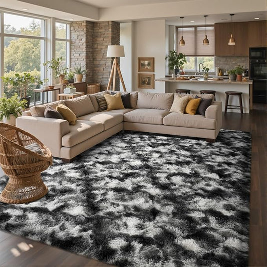 7x10 Ft Extra Large Shag Rugs for Living Room, Tie Dyed Ultra Soft Fluffy Furry Area Rugs for Bedroom Indoor Floor, Aesthetic Carpet for Kids Home Decor (Black Grey)