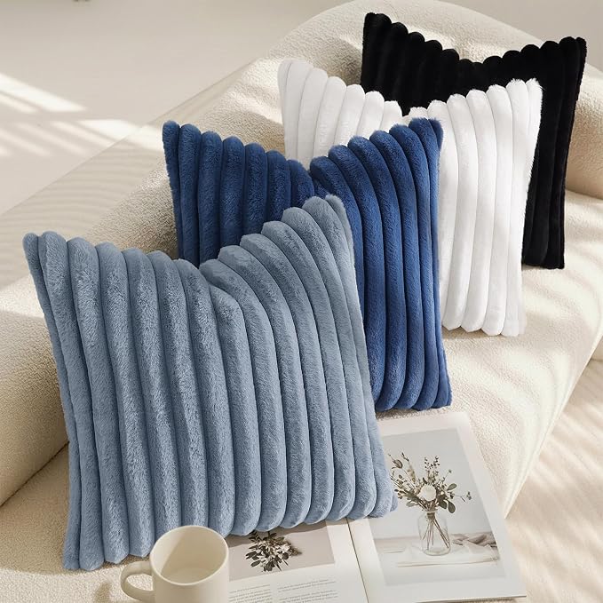 decorUhome Fall Faux Fur Throw Pillow Covers 24x24 Set of 2 Grey Blue | Decorative Soft Cozy Striped Plush Modern Farmhouse Boho Couch Pillow Cases Velvet Back for Sofa Bed Living Room Home Decor