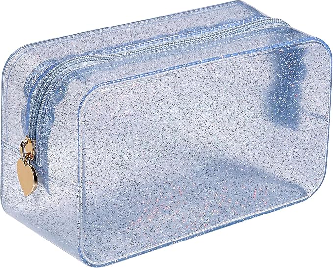 RSRSLEII Stardust Twinkle Jelly Travel Makeup & Toiletry Bag, Waterproof PVC Cosmetic Bag/Case for Women，Zipper SPF Beach Bag for Sunscreen Skincare and Daily Essentials (08Silver)