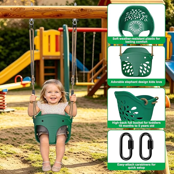 SELEWARE High Back Full Bucket Toddler Swing Seat, Heavy Duty Toddler Swing Set Accessories, Soft Plastic Elephant Baby Swing with Adjustable Rope & Locking Carabiners for Outdoor Playground, Green
