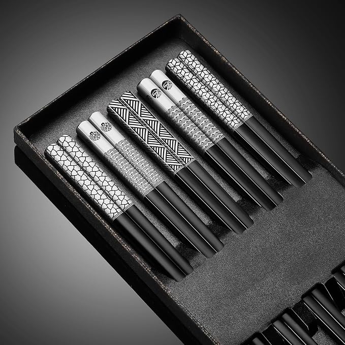 Stainless Steel Chopsticks Set-5 Pairs Reusable Metal Chopsticks 18/8 Dishwasher Safe, Non-Slip Laser Engraved Tips -Premium Japanese Korean Style Titanium Plated Black Chop sticks -Gift Box