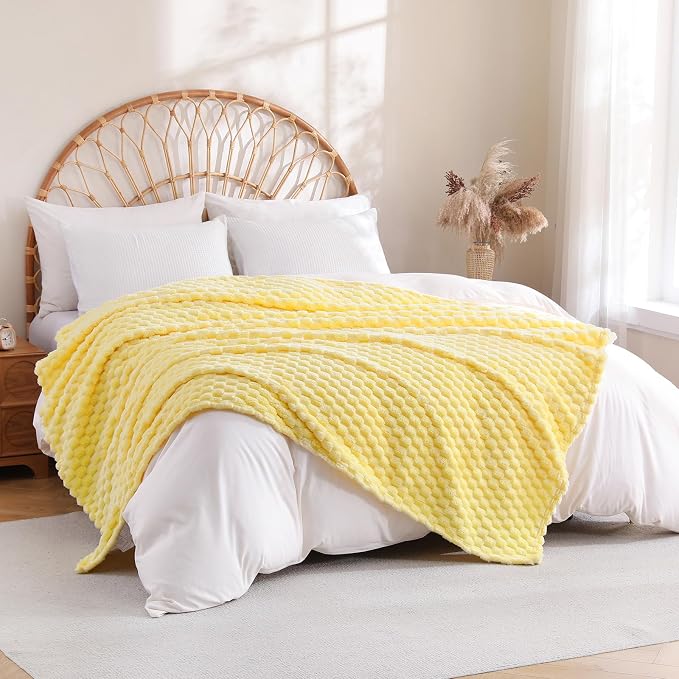 Bright Yellow Fleece Throw Blanket 60”×80” for Couch Sofa Bed Super Soft Cozy Plush Microfiber Flannel Blanket with 3D Jacquard Decorative Lightweight for Mom Woman