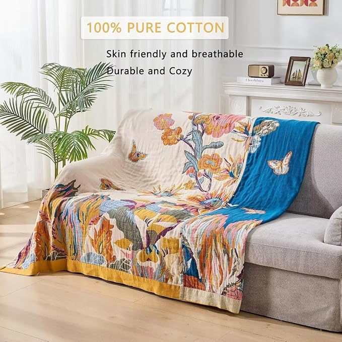 Boho Throw Blanket Farmhouse Decor Throw Blanket Bohemian Blanket for Bed 100% Cotton Muslin Woven Couch Blanket All Seasons Quilt Bedroom (D-Yellow, 60"x80")