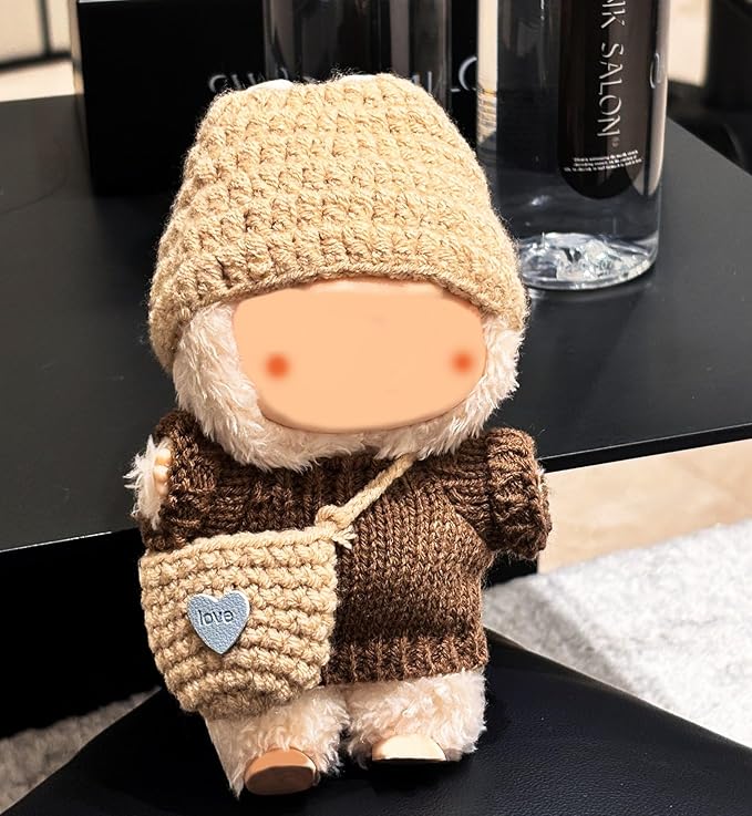 3-Piece Knit and Plush Doll Outfit Set for 17cm Collectibles - Handmade Crochet Set (Hat+Sweater+Bag) - No Doll Included