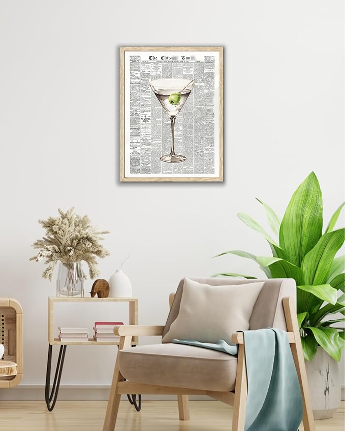 EcoHest 12x16 in Martini Newspaper Canvas Art | Unframed Canvas Print, Martini Cocktail Bar Cart Decor for Living Room, Apartment, Dorm Room, Bedroom, 1Pack