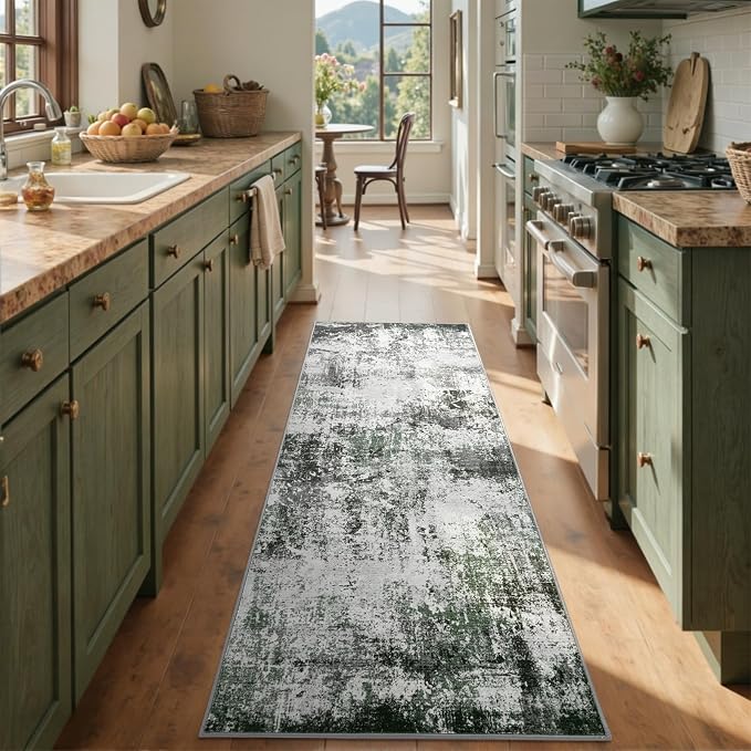 2x6 Ft Washable Runner Rug, Non-Slip Low Pile Hallway Kitchen Area Rug, Soft Long Entryway Floor Mat Abstract Pattern Carpet for Bedside & High-Traffic Areas (Grey/Green)