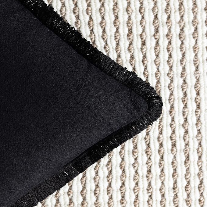 Foindtower Set of 2 Decorative Linen Fringe Lumbar Throw Pillow Covers Boho Farmhouse Cushion Cover with Tassels Soft Accent Pillowcase for Couch Sofa Bed Living Room Home Decor,12×20 Inch,Black