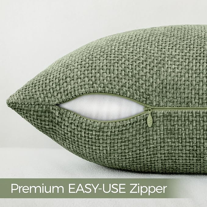 a moment Moss Green Chenille Throw Pillow Covers 18x18 Inch Pack of 2 Modern Decorative Throw Pillow Covers Farmhouse Cross Covers Home Decor for Sofa Bedroom Living Room