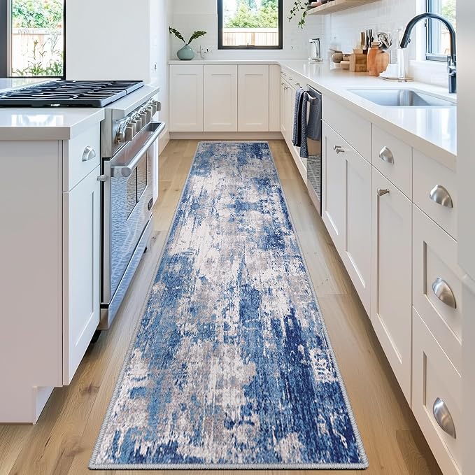 RELEANY Washable Runner 2'x8' Abstract Area Rug for Hallway Blue Gray | carpet for kitchen, entryway, bathroom, living room, bedroom, printed pattern, non-slip, soft, stain-resistant, easy to clean