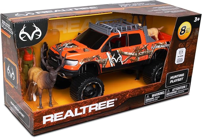 NKOK Realtree Camo 1/18 Scale Free-Wheel 8-PC Play Set, Ford F-250 Super Duty w/Accessories: Roll Bar, Roof Rack, Light Bar, Working Doors and Tailgate, Game Hoist, Hunter, Bow&Arrows, Dog & Elk