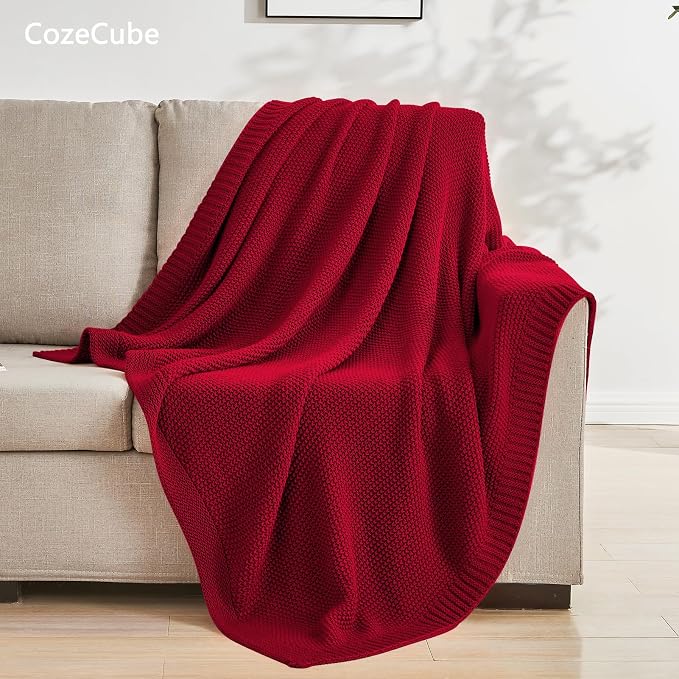 CozeCube Christmas Red Seed Stitch Throw Blanket 50"x60", Farmhouse Decor | Blanket for Couch, Soft Cozy Cable Knit Throw for Bed Sofa Living Room, Lightweight Warm Decorative Christmas Blanket