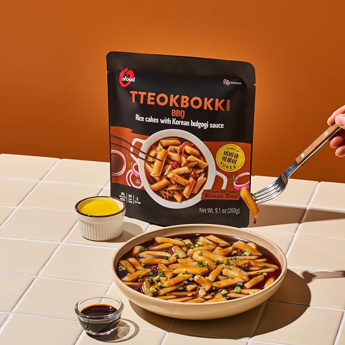 O’Food Tteokbokki Korean Rice Cakes – [BBQ | Pack of 2] – Healthy/Savory/Bold/Fiery, 0 Cholesterol/ 0 Trans Fat/No MSG/No Corn Syrup, Spicy Street Snack, Ready in Minutes