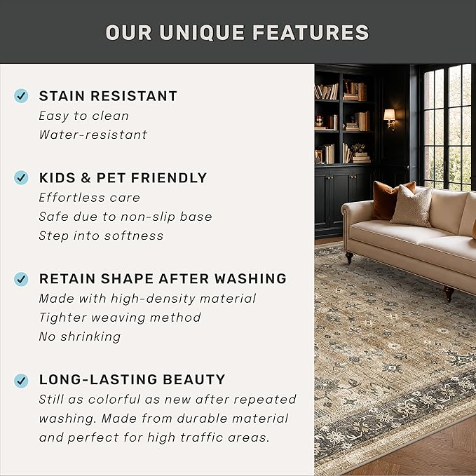 Vintage Taupe Sage 6x9 Rug for Living Room - Washable Dining Room Rugs for Under Table, Low Pile Non-Slip Carpet for Bedroom - Natural Earthy & Boho Eclectic Home Decor
