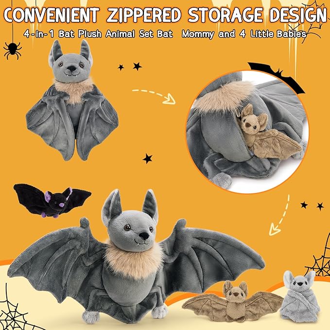 Tezituor 4Pcs Realistic Goth Bat Stuffed Animals Set, 32inch Large Mommy Stuffed Bat with 3 Cute Babies for Boys Girls, Hugging Soft Gothic Bats Plush Toy Gift for Halloween Christmas Party
