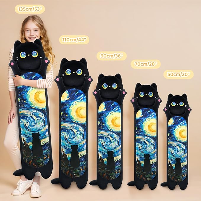 Long Cat Plush Kawaii Kids Plush Toy Pillows, Cute Black Cat Stuffed Animals Soft Plushies, Kitten Big Plush Toys Throw Body Pillow Doll Gift for Girls Boys (Black Starry Cat 20 Inch)