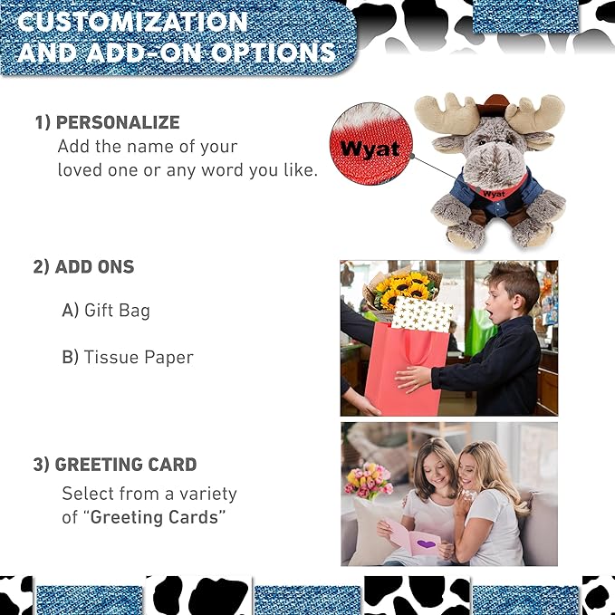 DolliBu Floppy Moose Stuffed Animal Cowboy Plush with Name Personalization - Western-Themed Moose Plush with Cute Cowboy Costume Denim Shirt Vest, Bandana, Leather Pants, and Hat - 12 Inches