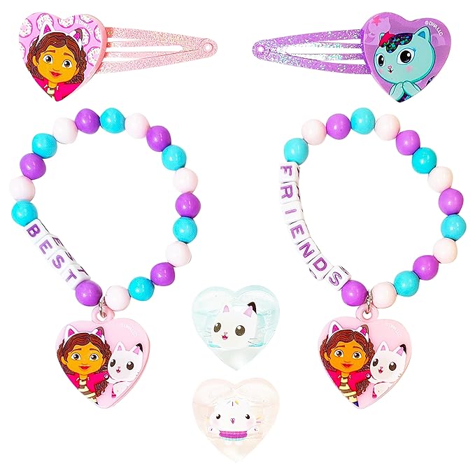 LUV HER Gabby's Dollhouse Girls BFF 6 Piece Toy Jewelry Box Set with 2 Rings, 2 Bead Bracelets and Snap Hair Clips Ages 3+