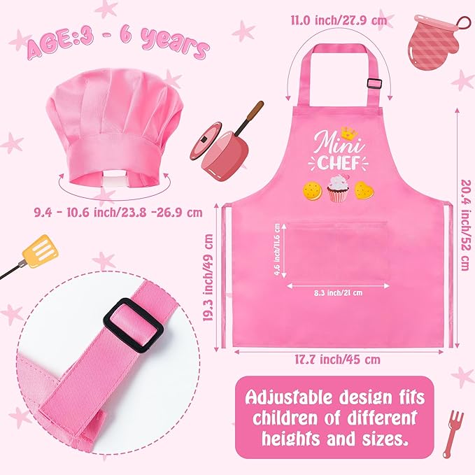 R HORSE Kid Apron and Chef Hat Set 2Pcs Adjustable Children Light Pink Kitchen Toddler Apron for Girls, Role Play Chef Toy Cooking Baking Painting and Training Kits Kid Funny Cooking Birthday Gift