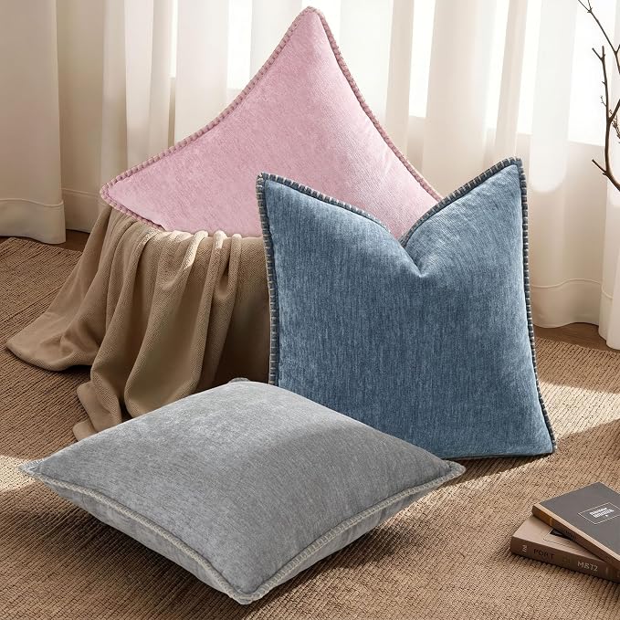decorUhome Soft Chenille Throw Pillow Covers 24x24 Set of 2 Haze Blue | Fall Textured Decorative Throw Pillow Cases Stitched Edge Modern Farmhouse Luxury Boho Velvet for Couch Sofa Bed Home Decor
