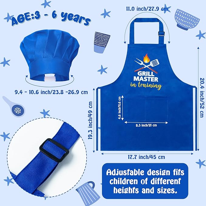 R HORSE Kid Apron and Chef Hat Set 2Pcs Adjustable Children Dark Blue Kitchen Apron, Dress up Role Play Chef Toy Cooking Baking Painting and Training Kits Kid Funny Cooking Birthday Gift for Kids