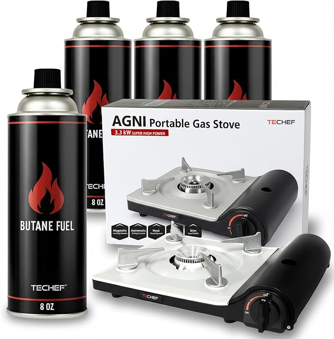TECHEF - AGNI Portable Butane Gas Stove Burner, Made in Korea (Stove + 4 Butane)