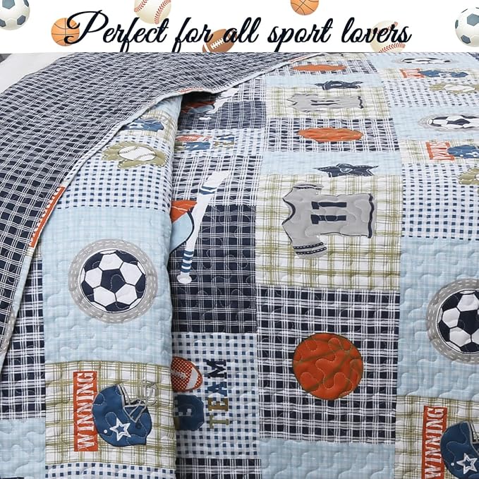 Cozy Line Home Fashions Blue Sports Baseball Basketball Soccer Ball Football Quilt Set Bedspread Coverlet for Boys Kids (Sport, Queen - 3 Piece)