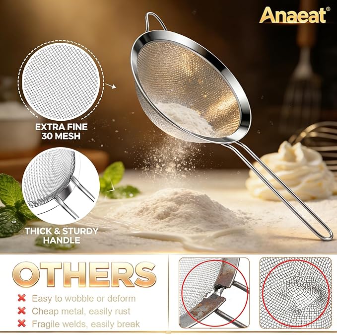 Anaeat Fine Mesh Strainers - Premium Stainless Steel Colander Sieve Sifters, with Durable Mesh and Sturdy Handle, Excellent for Sifting Dry ingredients, Flour, Pastas, Rice, Tea (9.45"）