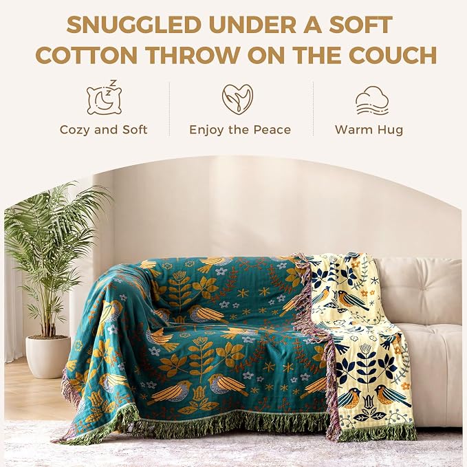 LUTBM Boho Throw Blanket for Bed 60"x80", 100% Cotton Cozy Couch Blankets | Reversible Floral Birds Jacquard Summer Quilt, All-Season, For Chair Sofa Living Room, Lightweight Breathable, Home Decor
