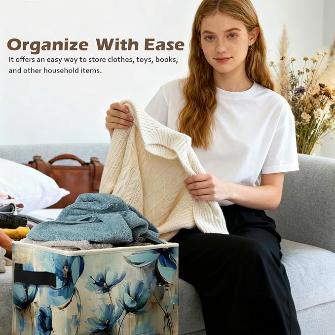 Abstract Blue Floral Storage Box Bins, Modern Impressionism Flower Botanical Collapsible Storage Basket Organizer for Bedroom Laundry Room Home Clothes Books, Decor for Room