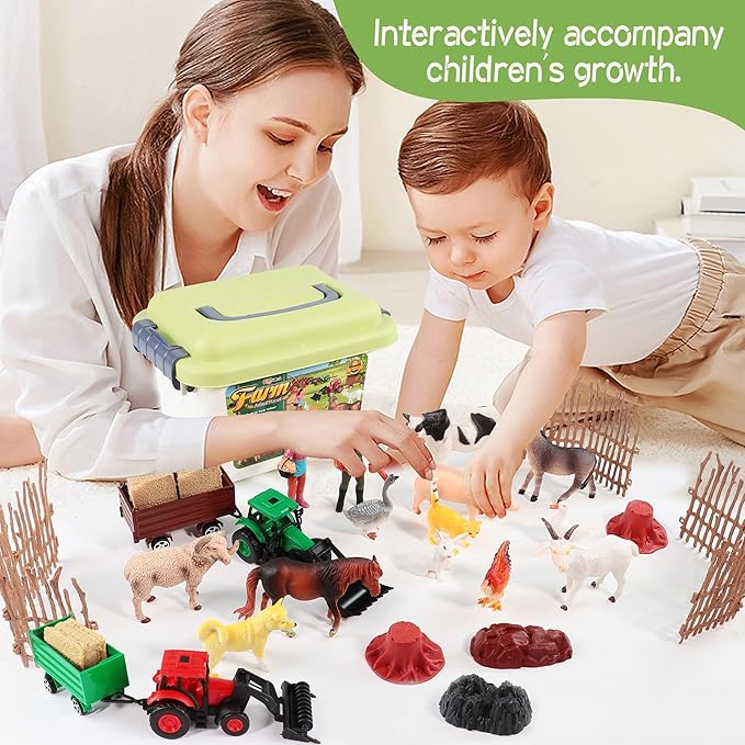 32PCS Farm Playset for Toddlers 1-3 Plastic Animal Figures Toys Double Farm Tractor Toys for Kids 3-5 Storage Box Ideal Festivals Birthday Gift