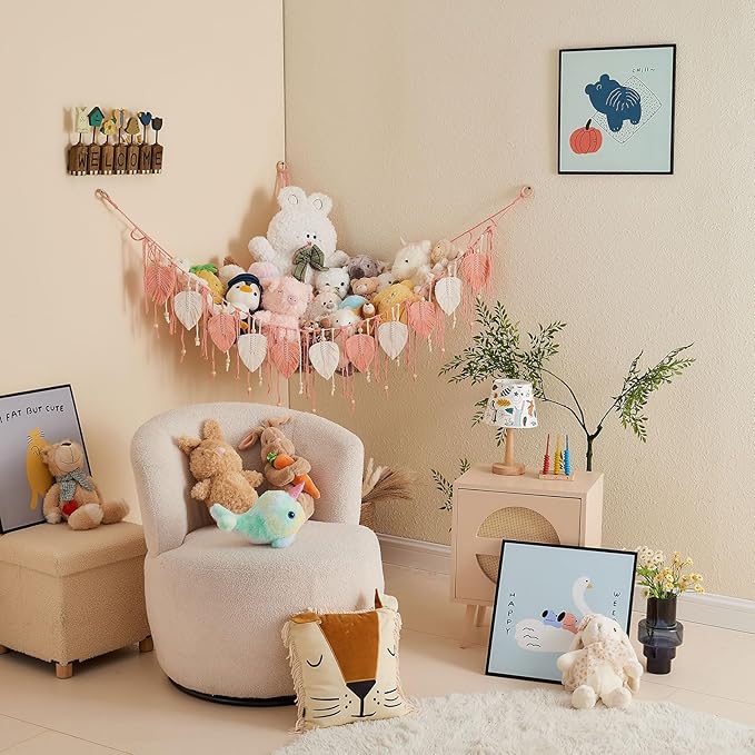Pretty Jolly Macrame Stuffed Animal Hammock with Beads Hand Woven Leaf Tassels Corner Hanging Net Boho Plush Holder for Kid Room Nursery Decor Easy Install Organizer for Girls Gift(Leather Pink)