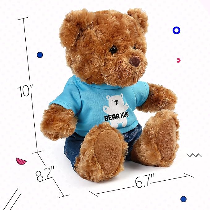LotFancy Teddy Bear Stuffed Animal, with Removable Clothes, 10 Inch Cute Baby Boy Bear Plush, Plushies Toy for Kids, Baby Shower Decoration, Easter Gift, Brown