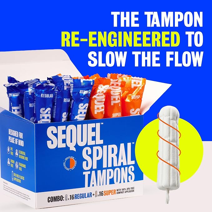 Sequel Spiral Tampons for Women, Regular and Super Absorbency, 32 Count Combo, Patented Helical Design, BPA Free Compact Plastic Applicator, Dye Free, Fragrance Free, Unscented