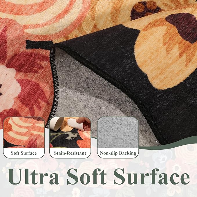 DUKINO 2x5 Washable Runner Rug, Floral Non Slip Rug for Kitchen, Black | Soft, Low Pile, Non-Shedding Throw Rug Runner for Hallway, Entryway, Bedroom, Bathroom, Pet Friendly, Home Decor, Lightweight