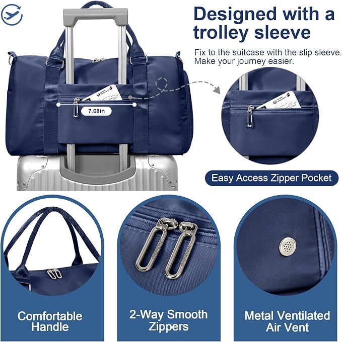 FIORETTO Womens Gym Tote Duffle Bag with Wet Pocket & Shoe Compartment, Sports Duffel Overnight Weekender Hospital Workout Carry on Bag for Girls, Ideal for Travel, Swimming, Dance, Ballet Navy Blue
