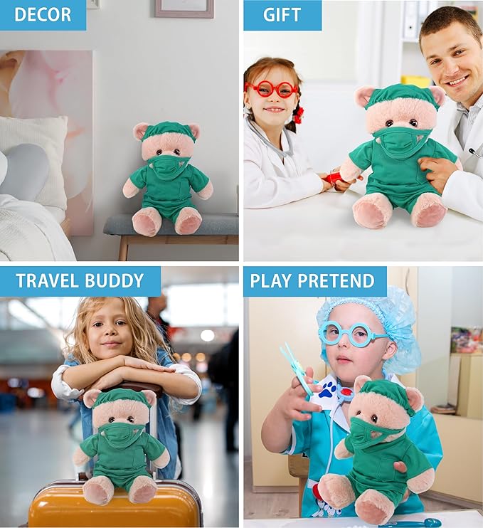 DolliBu Baby Pink Bear Doctor Plush Toy - Super Soft Bear Doctor Stuffed Animal Dress Up with Cute Scrub Uniform and Cap Outfit - Fluffy Doctor Toy Plush Gift with Personalization - 8 Inches
