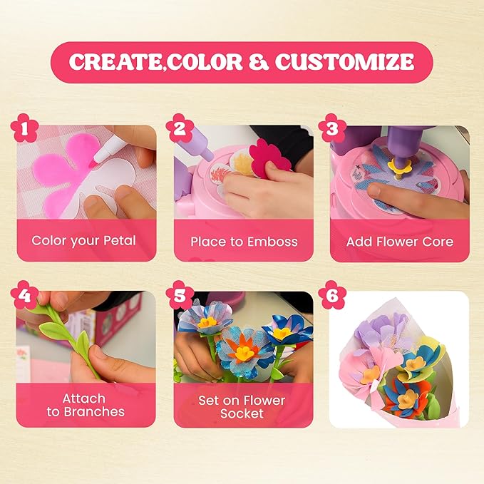 oPapaya Fabric Flower Bouquets Toys for Girls - DIY Kits for Kids w/Markers & Cards - Arts & Crafts for 4 5 6 7 8 Year Toddler Girl - Educational Toys - Art and Craft Kits for Girls