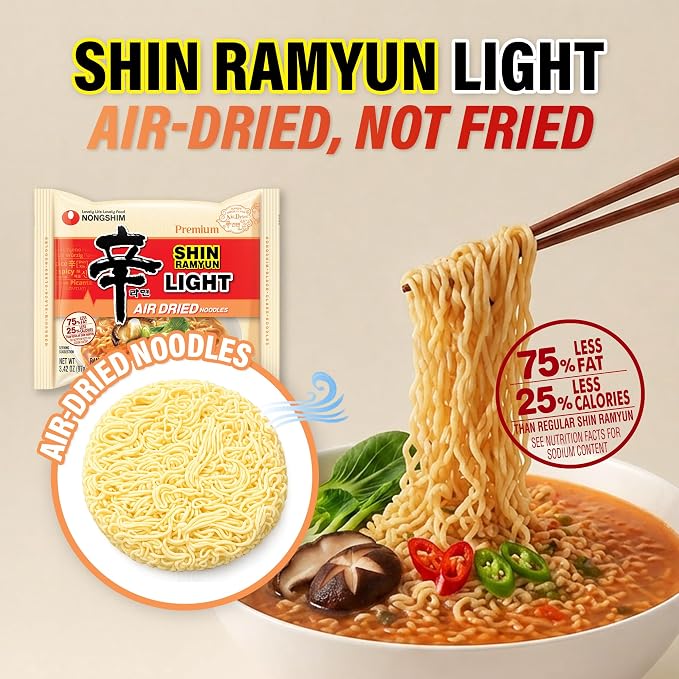 Nongshim Shin Ramyun Light, Air-Dried Korean Ramen Noodles, 4 Pack | Air-dried instant ramen with spicy beef broth, roasted vegetable notes, large vegetable flakes