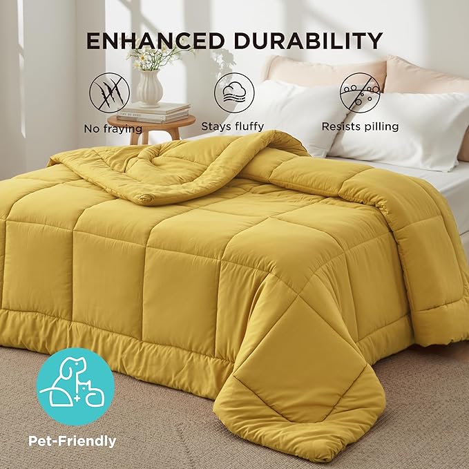 Bedsure Comforter Duvet Insert - Quilted Comforters Queen Size, All Season Duvet, GentleSoft Down Alternative Bedding, with 8 Tabs, Gifts for Women/Men, Mustard Yellow, Queen 88 x 88 Inches