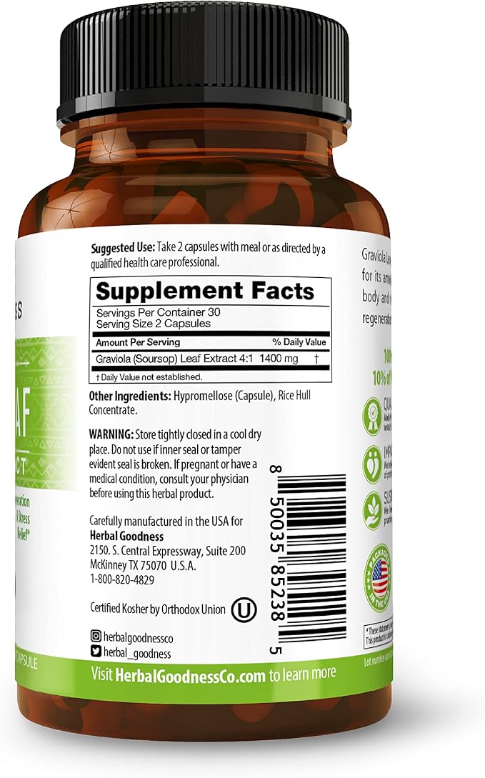 Herbal Goodness Soursop Capsules - 4X Strength Guanabana Soursop Leaves Extract for Cell Function & Immune Support | Digestive Health Supplement - Non GMO, USDA Organic Graviola 60 Vegan Pills 700mg