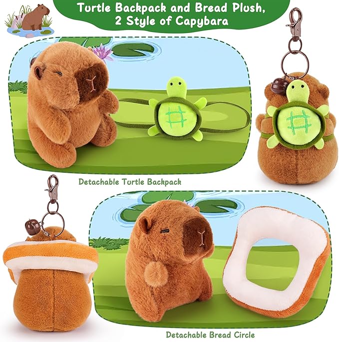 Achwishap 2PCS Capybara Plush Keychain,Cute Keychain Capybara Stuffed Animal,Soft Capybara Plush Toys Key Chain,Kawaii Plushie Stuffed Toys for Kids Adults(Capybara Turtle,Capybara Bread)