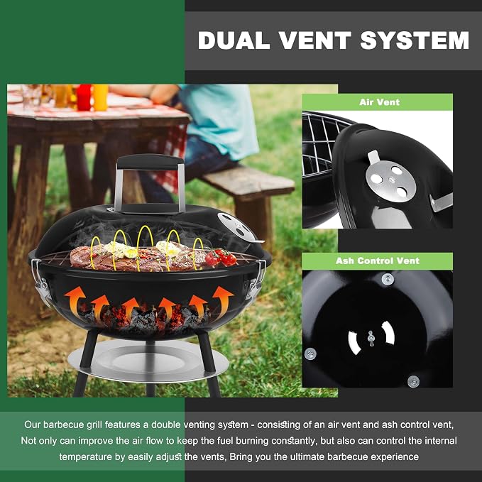 14 inch Charcoal Grill, Joyfair Small Portable Camping BBQ Kettle Grill | Outdoor Mini Barbecue Grill With Locking Lid for Patio/Tabletop/Tailgates Cooking Grilling, Enamel Coated & Dual Vent System